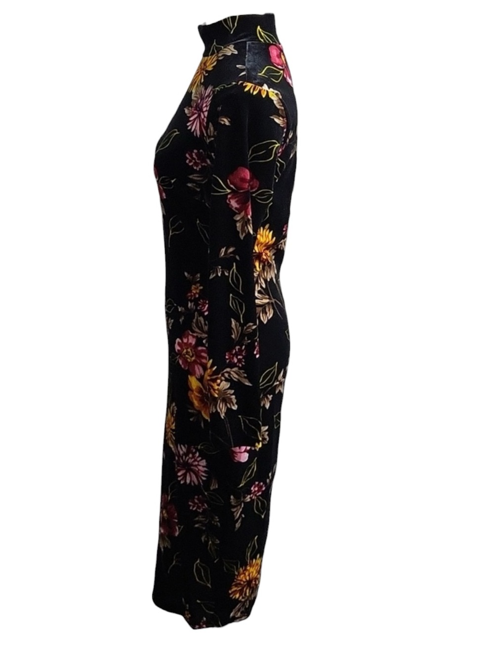 Venus Sz SM Black Velvet Bodycon Midi Dress Long Sleeve Mock Neck Floral Y2K - Picture 4 of 16